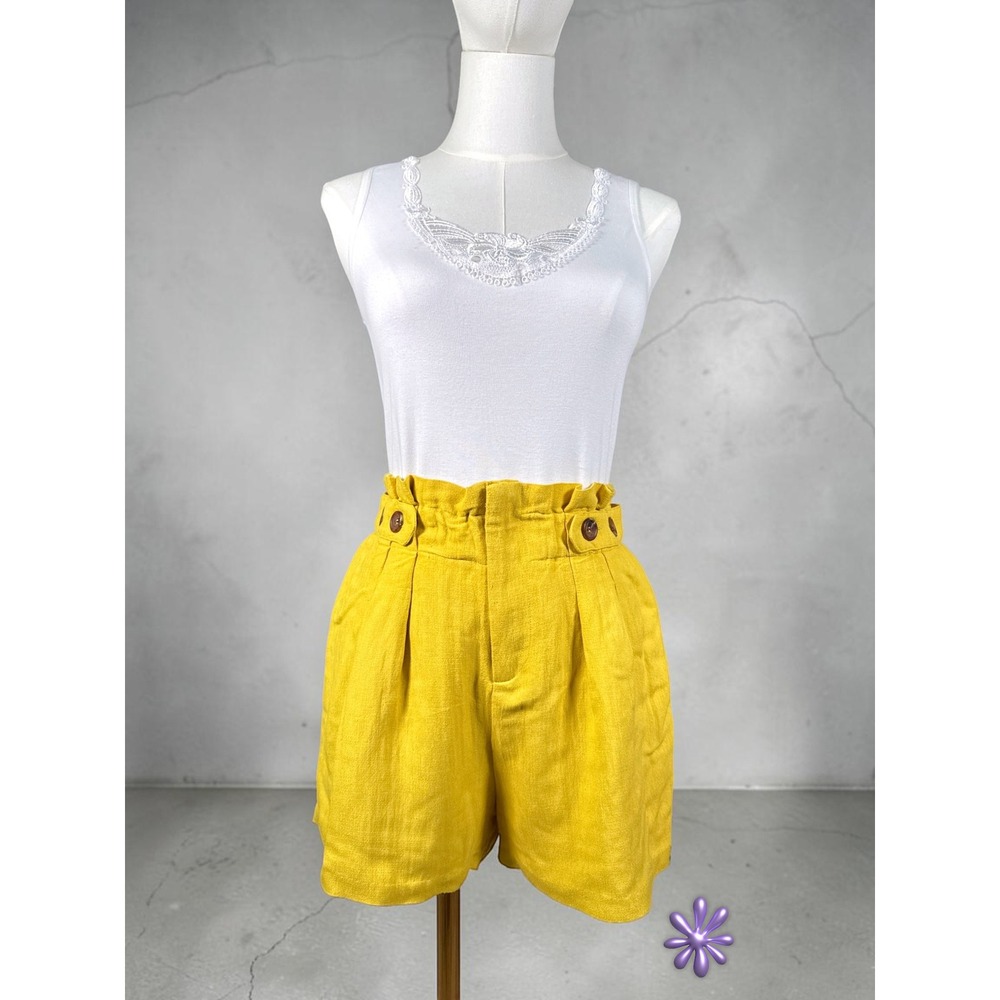 HARPER HERITAGE Womens L Mustard Yellow Paperbag Waist Linen Look Pleated Shorts